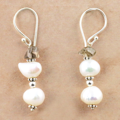 Fashionable Pearl & Smokey Quartz Silver Beaded Earrings