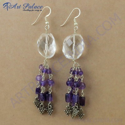 Popular Fashionable Amethyst & Crystal Gemstone Silver Earrings, 925 Sterling Silver Jewelry