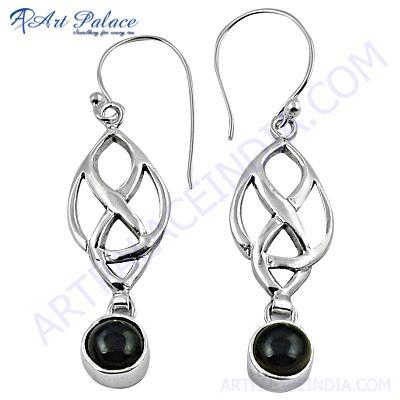 Fret Work Designer Tourmaline Gemstone Silver Earrings