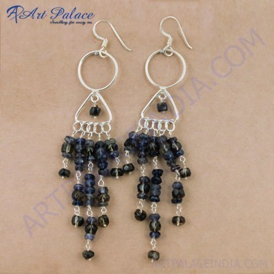 Stylish Iolite & Smokey Quartz Gemstone Silver Earrings, 925 Sterling Silver Jewelry