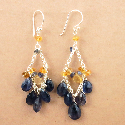 Party Wear Citrine & Iolite Gemstone Silver Earrings, 925 Sterling Silver Jewelry