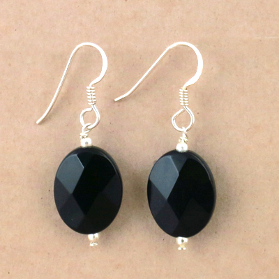 Midnight Black Onyx Gemstone Silver Earrings, 925 Sterling Silver Jewelry