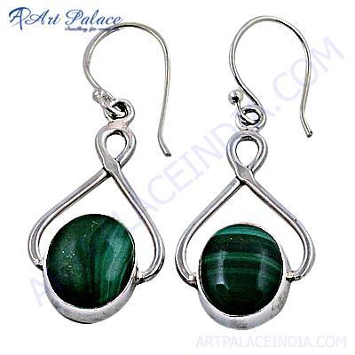 Latest Fashionable Malachite Gemstone Silver Earrings