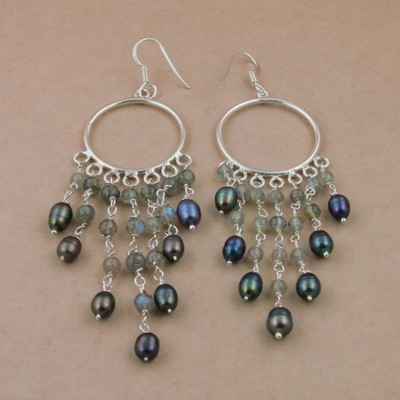 Delicate Black Pearl & Labradorite Gemstone Silver Earrings, 925 Sterling Silver Jewelry