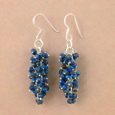 Trendy Gemstone Lapis Lazuli Silver Earrings, 925 Sterling Silver Jewelry