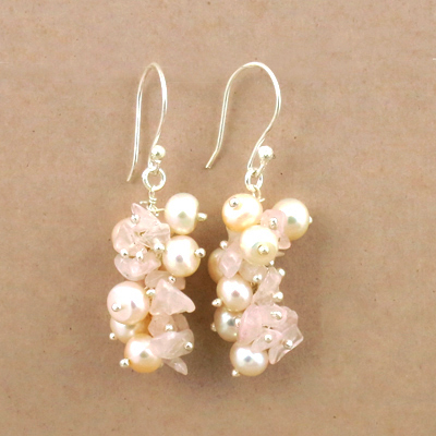 Celeb Style Pearl & Rose Quartz Gemstone Silver Earrings, 925 Sterling Silver Jewelry