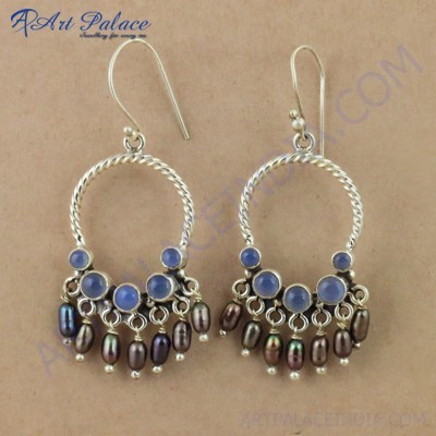Traditional Blue Chalcedony & Brown Pearl Gemstone Silver Bali Earrings, 925 Sterling Silver Jewelry