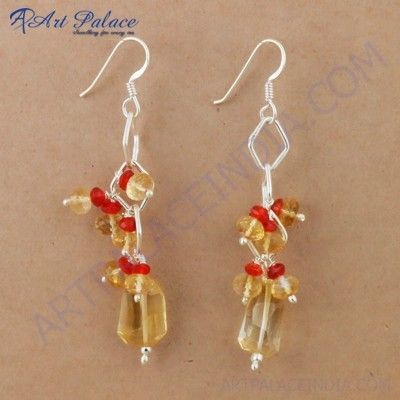 Feminine Unique Carnelian & Citrine Gemstone Silver Earrings, 925 Sterling Silver Jewelry