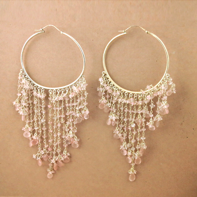 Truly Designer Rose Quartz Gemstone Silver Beaded Earrings, 925 Sterling Silver jewelry