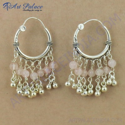 Indian Rose Quartz Gemstone Silver Earrings, 925 Sterling Silver Beaded Jewelry`