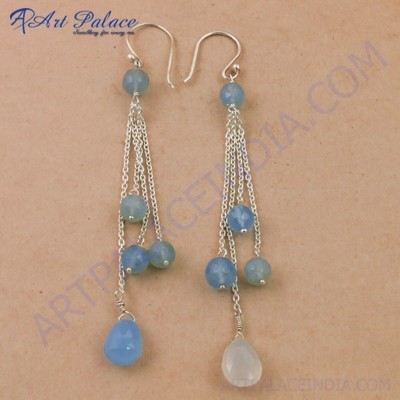 Party Wear Designer Blue Chalcedony Gemstone Silver Earrings, 925 Sterling Silver Beaded Jewelry