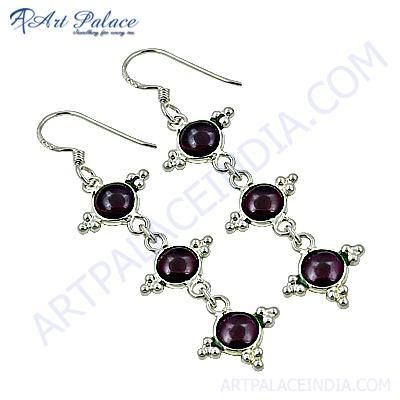 Indian Touch Garnet Gemstone Silver Earrings