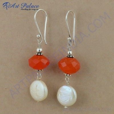 Fashionable Carnelian & Pearl Gemstone Silver Earrings, 925 Sterling Silver Jewelry