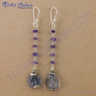 Attractive Amethyst & Iolite Gemstone Silver Earrings, 925 Sterling Silver Jewelry