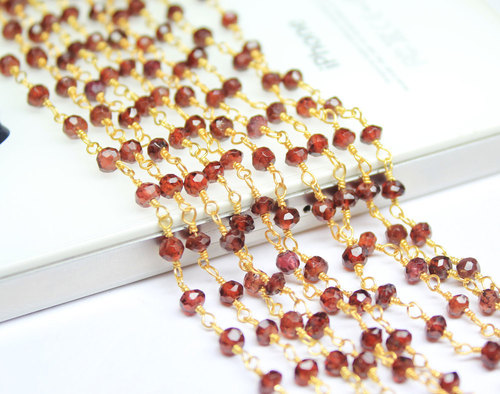 14 Inches Natural Rhodolite Garnet Faceted Roundel Beads Gold Vermeil Link Chain