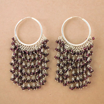 Feminine Unique Garnet Gemstone Silver Beaded Earrings, 925 Sterling Silver Jewelry