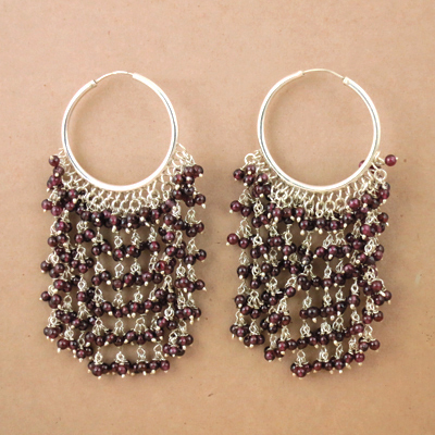 Feminine Unique Garnet Gemstone Silver Beaded Earrings, 925 Sterling Silver Jewelry