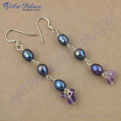 Feminine Unique Amethyst & Blue Pearl Gemstone Silver Earrings, 925 Sterling Silver Jewelry