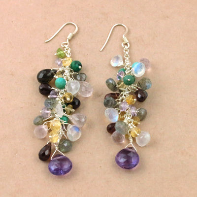 Cute Costume Multi Stone Silver Beaded Earrings, 925 Sterling Silver Jewelry