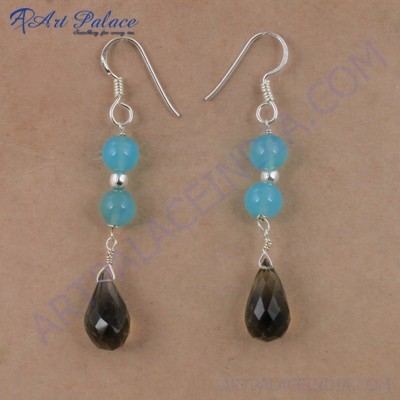 Charming Blue Chalcedony & Smokey Quartz Gemstone Silver Earrings, 925 Sterling Silver Jewelry