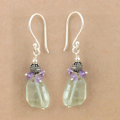 Fashionable Amethyst & Green Amethyst Gemstone Silver Earrings, 925 Sterling Silver Jewelry