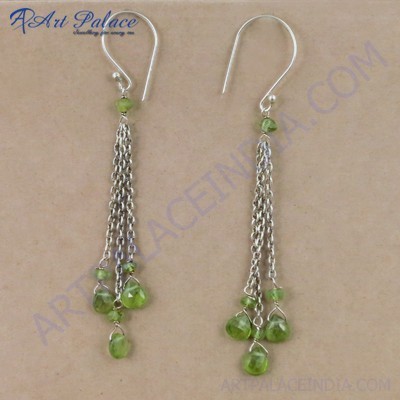 Party Wear Designer Peridot Gemstone Silver Earrings, 925 Sterling Silver Beaded Jewelry