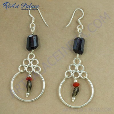 Feminine Unique Style Multi Stone Gemstone Silver Earrings, 925 Sterling Beaded Silver Jewelry