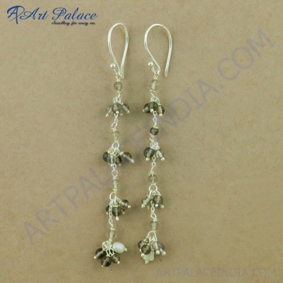 Traditional Pearl & Smokey Quartz Gemstone Silver Earrings, 925 Sterling Silver Beaded Jewelry