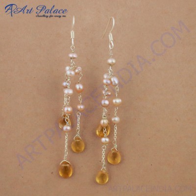 Hot! Dazzling Citrine & Pink Pearl Gemstone Silver Earrings, 925 Sterling Silver Beaded Jewelry