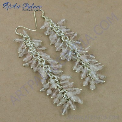 Rocking Style Rose Quartz Gemstone Silver Earrings, 925 Sterling Silver Beaded Jewelry