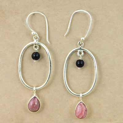 Unique Style Black Onyx & Rhodochrosite Gemstone Silver Beaded Earrings