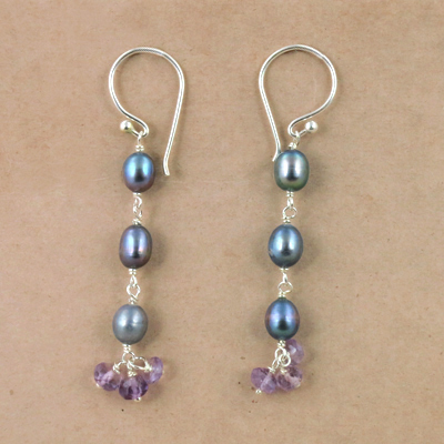 Rady to Wear Amethyst & Blue Pearl Gemstone Silver Earrings, 925 Sterling Silver Jewelry