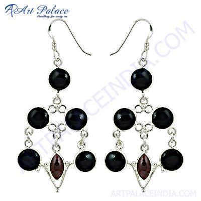 Cool Black Onyx & Garnet Gemstone Silver Earrings