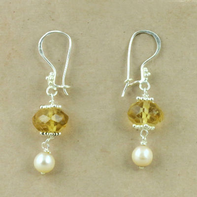 Girls Fashionable Citrine & Pearl Silver Earrings, 925 Sterling Silver Jewelry