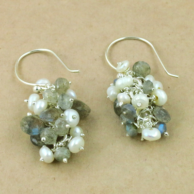 Fantastic Fashionable Labradorite & Pearl Silver Earrings, 925 Sterling SIlver Jewelry