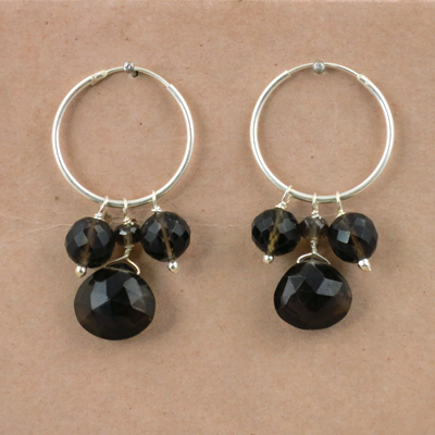 Gracious Fashionable Smokey Quartz Gemstone Silver Beaded Earrings