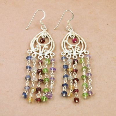 Delicate Multi Gemstone Silver Beaded Earrings, 925 Sterling Silver Jewelry