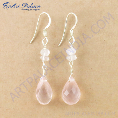 Romantic Rose Quartz Gemstone Silver Earrings, 925 Sterling Silver Jewelry