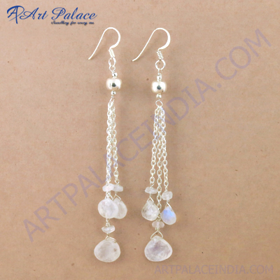 Spiral Designer Rainbow Moonstone Gemstone Silver Earrings
