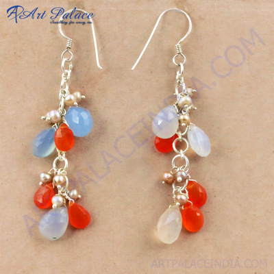 Pretty Blue Chalcedony & Carnelian & Pearl Gemstone Silver Earrings, 925 Sterling Silver Jewelry