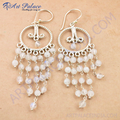 Royal & Attractive Rainbow Moonstone Gemstone Silver Earrings