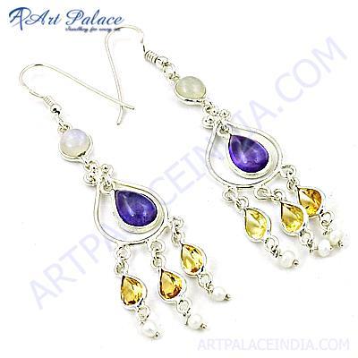 Latest Fashion Multi Stone Silver Earrings