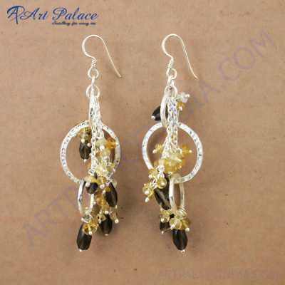 Latest Antique Style Citrine & Smokey Quartz Gemstone Silver Beaded Earrings