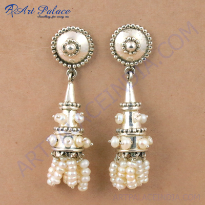 Royal Style Pearl Gemstone Silver Earrings, 925 Sterling Silver Jewelry