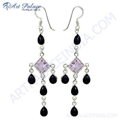Attractive Style Amethyst & Black Onyx Gemstone Silver Earrings