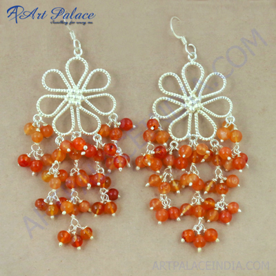 Feminine Unique Design Carnelian Gemstone Silver Earrings, 925 Sterling Silver Jewelry