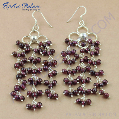 Luxurious Garnet Gemstone Silver Earrings, 925 Sterling Silver Beaded Jewelry
