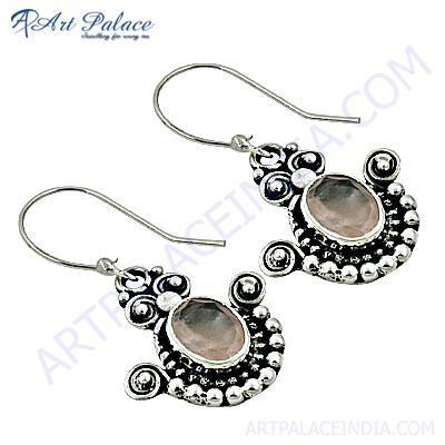 Deisgner Rose Quartz Gemstone Silver Earrings
