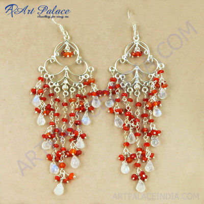 Party Wear Carnelian & Rainbow Moonstone Silver Earrings, 925 Sterling Silver Beaded Jewelry