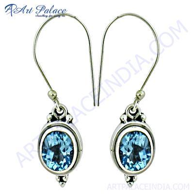 Costume Jewelry, Blue Topaz Gemstone Silver Earrings